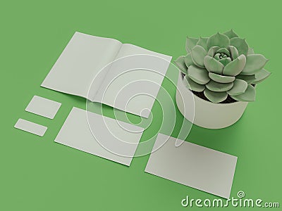 Atributes of web Designer on green background. Top View. flat Lay. 3D rendering. High resolution. Stock Photo