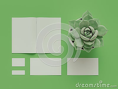 Atributes of web Designer on green background. Top View. flat Lay. 3D rendering. High resolution. Stock Photo