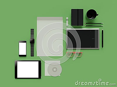 Atributes of web Designer on green background. Top View. flat Lay. 3D rendering. High resolution. Stock Photo