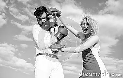 Attack is best defence. Couple in love fighting. Defend your opinion in confrontation. Man and woman fight boxing gloves Stock Photo