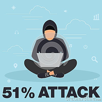 51 attack concept flat criminal illustration of hacker coding bug to hack a blockchain network. Faceless thief or hacker stealing Cartoon Illustration