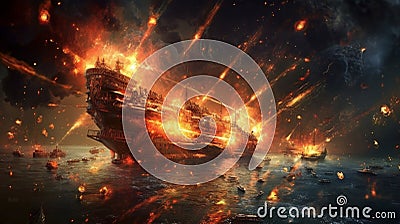 Attack ships on fire off the shoulder of orion. Generative AI Cartoon Illustration