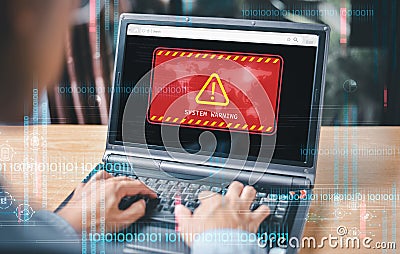 Attack system warning hacked alert on computer screen, cyber scam. Stock Photo