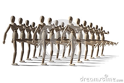 Attack of wooden dummies, wooden robots march in military ranks Stock Photo
