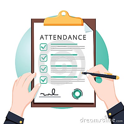 Attendance concept. Businessman holding document. Vector flat design. Man hold document clipboard with checklist. Vector Illustration