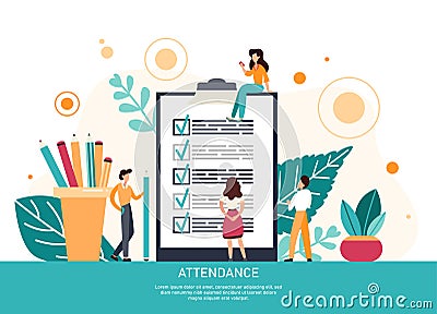 Attendance concept. Check list with done mard, businessman with questionnaire on clipboard. Flat Vector Illustration Vector Illustration
