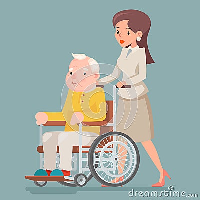 Attendant Nurse Caring for Elderly Wheelchair Old Man Character Sit Adult Icon Cartoon Design Vector Illustration Vector Illustration