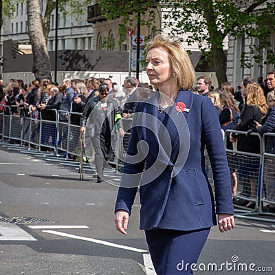 Liz Truss , UK Foreign Secretary at the Anzac Day Wreath Laying Ceremony at the Cenotaph, London Editorial Stock Photo