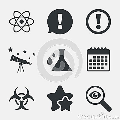 Attention biohazard icons. Chemistry flask. Vector Illustration