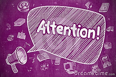 Attention - Cartoon Illustration on Purple Chalkboard. Stock Photo