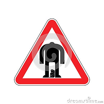 Attention Domestic violence. Warning red road sign. Caution back of man and crying child Vector Illustration