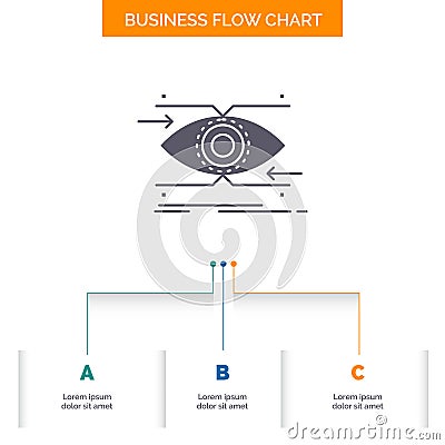 attention, eye, focus, looking, vision Business Flow Chart Design with 3 Steps. Glyph Icon For Presentation Background Template Vector Illustration