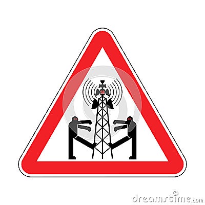 Attention 5G tower chipping population. Warning red road sign. Caution Zombies walk around cell tower. Conspiracy theory. TV and Vector Illustration