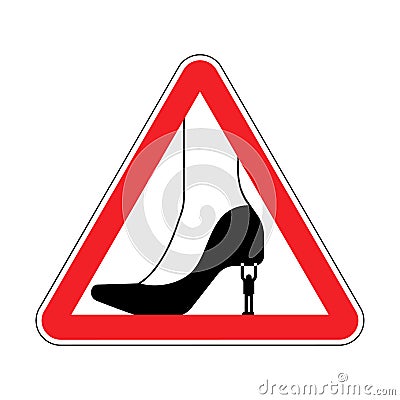 Attention Henpecked man. Warning red road sign. Caution guy Holding woman shoe Vector Illustration