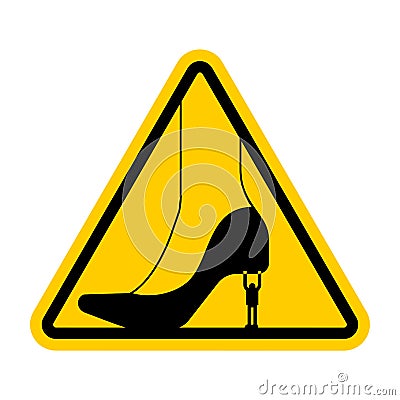 Attention Henpecked man. Warning yellow road sign. Caution guy Holding woman shoe Vector Illustration