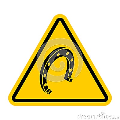Attention horseshoe. Yellow triangular road sign. Caution horseshoe is symbol of happiness Vector Illustration