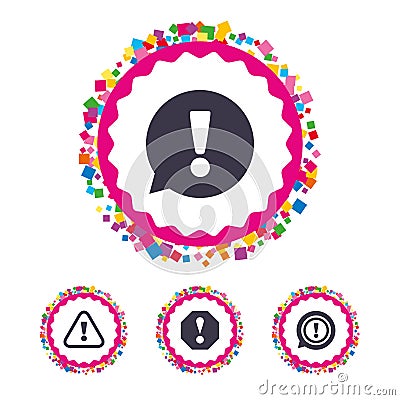 Attention icons. Exclamation speech bubble. Vector Illustration