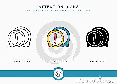 Attention icons set vector illustration with solid icon line style. Exclamation mark alert concept. Vector Illustration