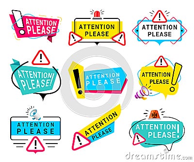 Attention please message color vector signs set Vector Illustration