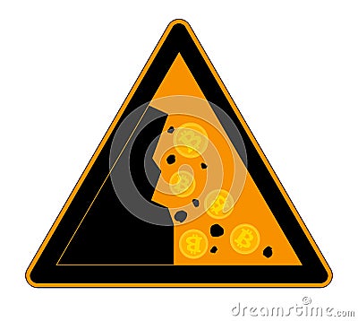 Attention sign Bitcoin Falls Down. Cartoon Style Vector Illustration. Vector Illustration