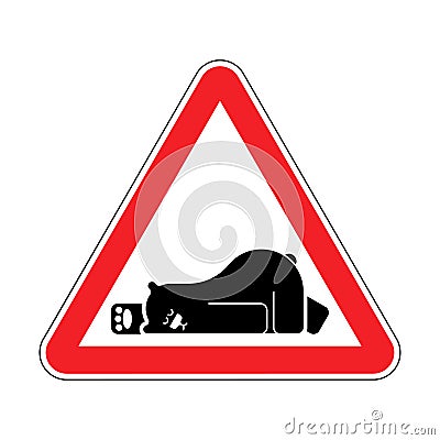 Attention Sleeping bear. Caution Grizzly is sleeping. Red triangle road sign Vector Illustration