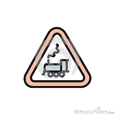Attention train sign, railway traffic flat color line icon. Vector Illustration