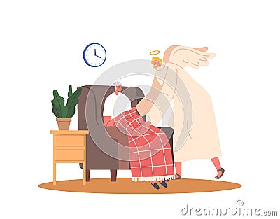 Attentive Angel Guardian Character Providing Compassionate Care And Companionship To Elderly Woman In The Comfort Vector Illustration