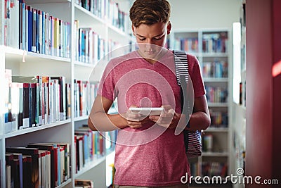 Attentive schoolboy using digital tablet in library Stock Photo