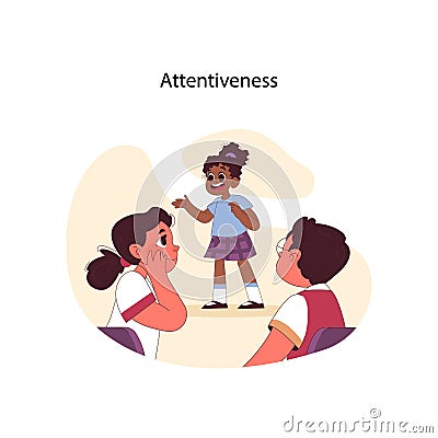 Attentiveness concept. Energetic black girl shares story, captivating peers Vector Illustration