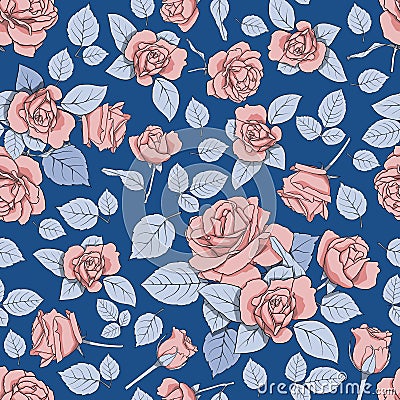 Attern with roses on a blue background. Seamless texture for decoration, decoration, textiles, cards, nails, prints, scrapbooking Cartoon Illustration