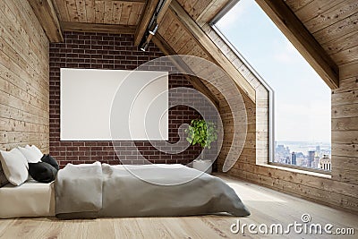Attic bedroom, gray bedding, poster Stock Photo