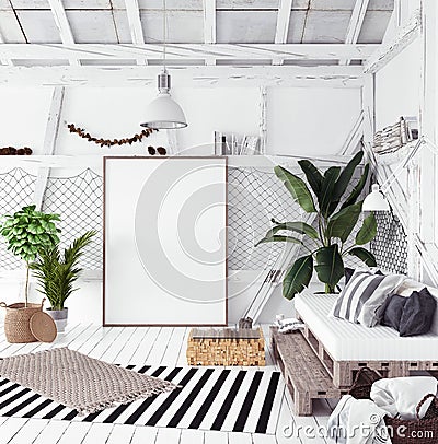 Attic interior design idea with hammock, scandinavian boho style Stock Photo