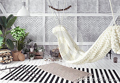 Attic interior design idea with hammock, scandinavian boho style Stock Photo