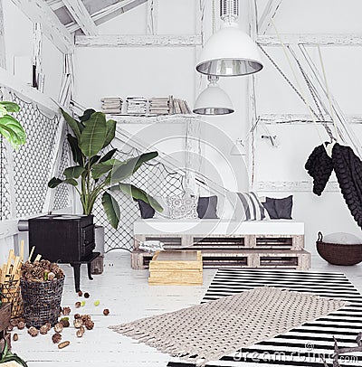 Attic interior design idea with hammock, scandinavian boho style Stock Photo