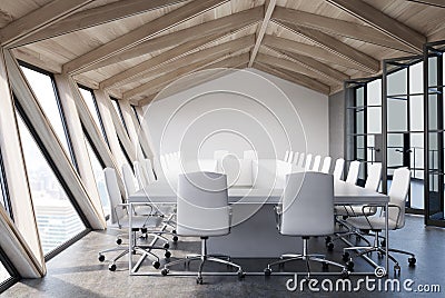 Attic meeting room, wooden ceiling close up Stock Photo