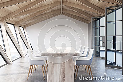 Attic meeting room, wooden ceiling and table Stock Photo