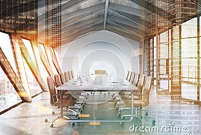 Attic meeting room, wooden ceiling toned Stock Photo