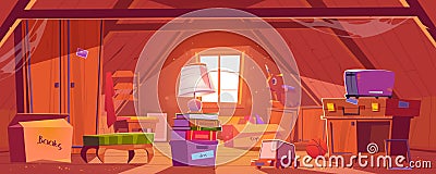 Attic room with old things, garret on roof, window Cartoon Illustration