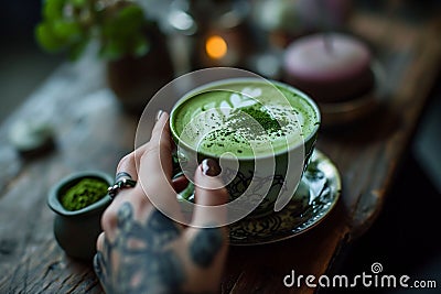 attooed hand Frame a Cup of Antioxidant-Rich Matcha Latte, Creating a Modern Witch& x27;s Tale of Style and Health Stock Photo