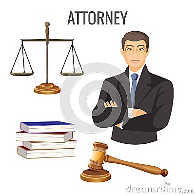 Attorney in glasses near scales, four books and judge gavel Vector Illustration