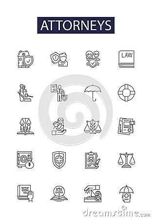 Attorneys line vector icons and signs. solicitor, counsel, barrister, attorney, advocate, litigator, practitioner Vector Illustration
