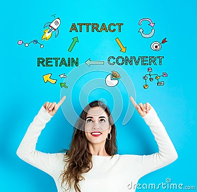 Attract, Convert, Retain with young woman looking upwards Stock Photo