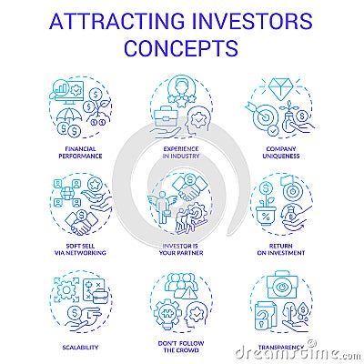 Attracting investors blue gradient concept icons set Vector Illustration