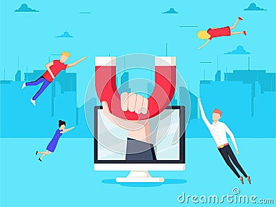 Attracting online customers. Hand with magnet attract people and money in screen. Commercial campaign Vector Illustration