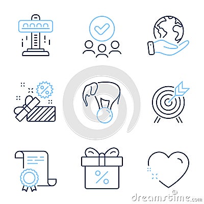 Attraction, Archery and Sale icons set. Discount offer, Elephant on ball and Heart signs. Vector Vector Illustration