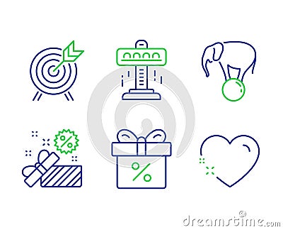 Attraction, Archery and Sale icons set. Discount offer, Elephant on ball and Heart signs. Vector Vector Illustration