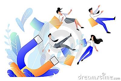 Attraction customers, buyers and marketing strategy. Big magnet attracts people, business metaphor. Vector illustration Vector Illustration