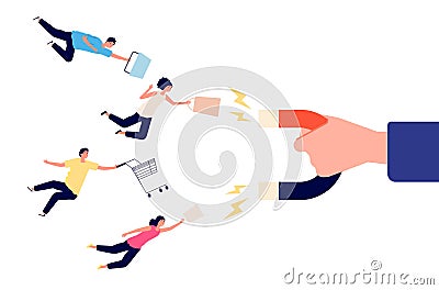 Attraction customers. Client magnet, target advertising concept. Store attract people, flat market audience with carts Vector Illustration