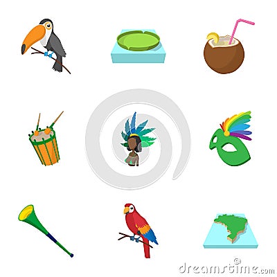 Attractions of Brazil icons set, cartoon style Vector Illustration