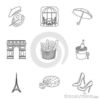 Attractions in France. Things to learn about France. France country icon in set collection on outline style vector Vector Illustration